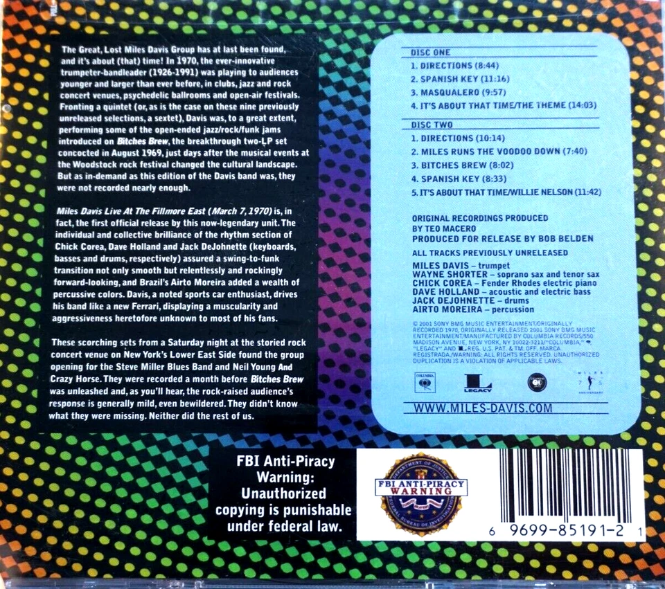 Miles Davis - Live At The Fillmore East, 7 de marzo de 1970, juego de 2 discos - CD, NUEVO Foto 2 de 2