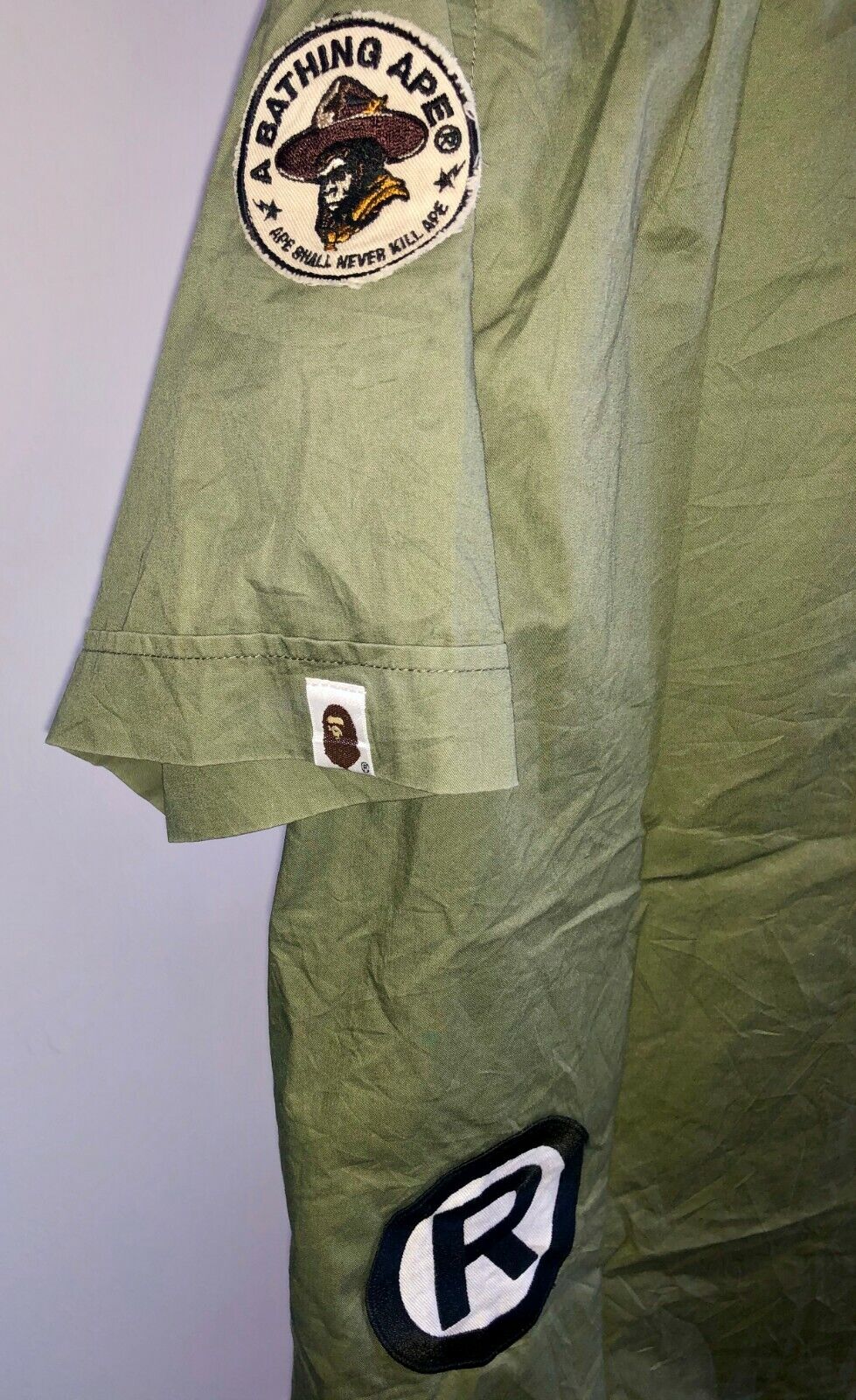 OG BAPE - A BATHING APE Scout Patch Logo Short Sleeve Shirt Pharrell Nigo  sz M
