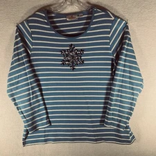 Quacker Factory Sz L Blue & White Stripes Christmas Snowflake So Soft Warm