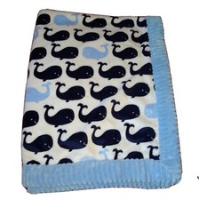 Koala Baby Blue White WHALE Baby Blanket Soft Plush Blue Sherpa Back Side
