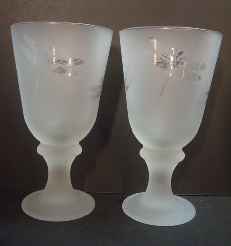 Dragonfly Frosted Wine 4 Glass Drink Goblets Lucky Insect Detail Bug Design Vtg - Picture 5 of 9