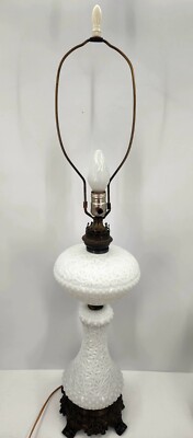 Vintage Piece Unique Art Deco 1960's Milk Glass Hobnail Table Lamp Double Lit