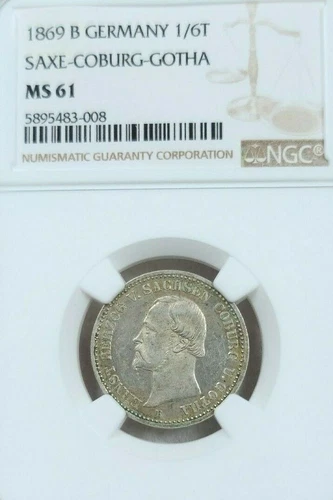 1869 GERMANY SILVER 1/6 THALER SAXE COBURG GOTHA NGC MS 61 SCARCE ONE YEAR TYPE