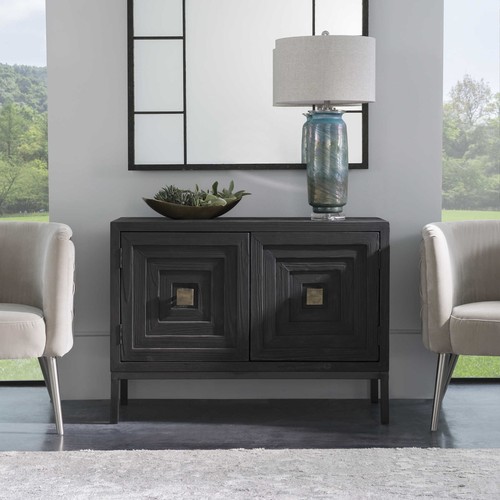 Geometric Dark Wood Squares Accent Cabinet Ebony Gold Brass Console Table - Picture 17 of 17
