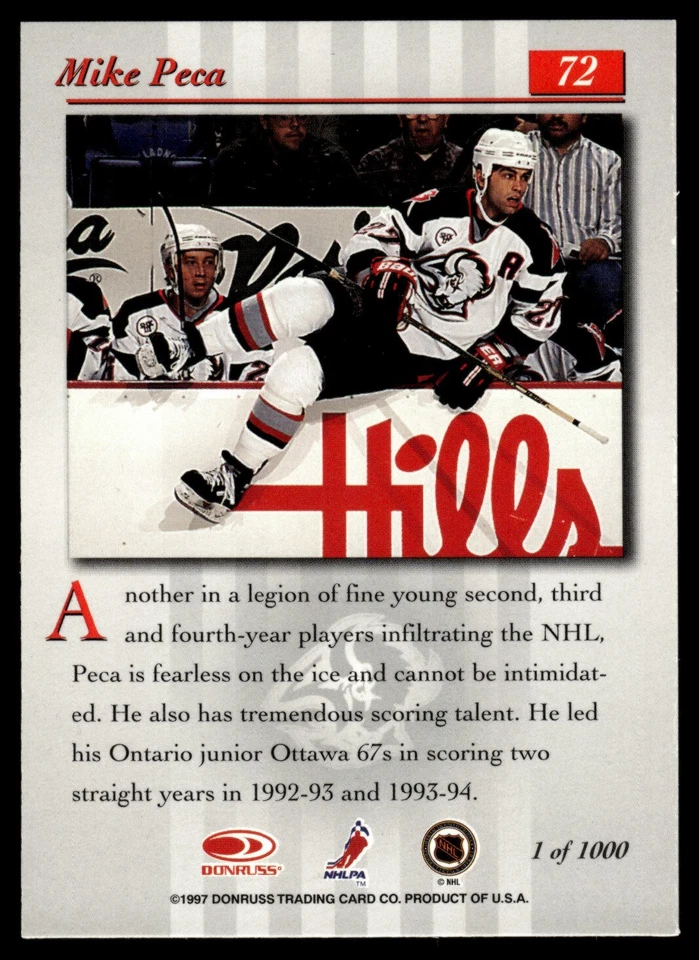 1997-98 Studio Press Proof #72 Michael Peca /1000 Buffalo Sabres - Image 2 of 2