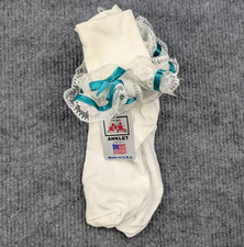 Vintage Lace Ruffle Socks Womens 9-11 Nylon Coquette White Teal Frilly Girly Y2K