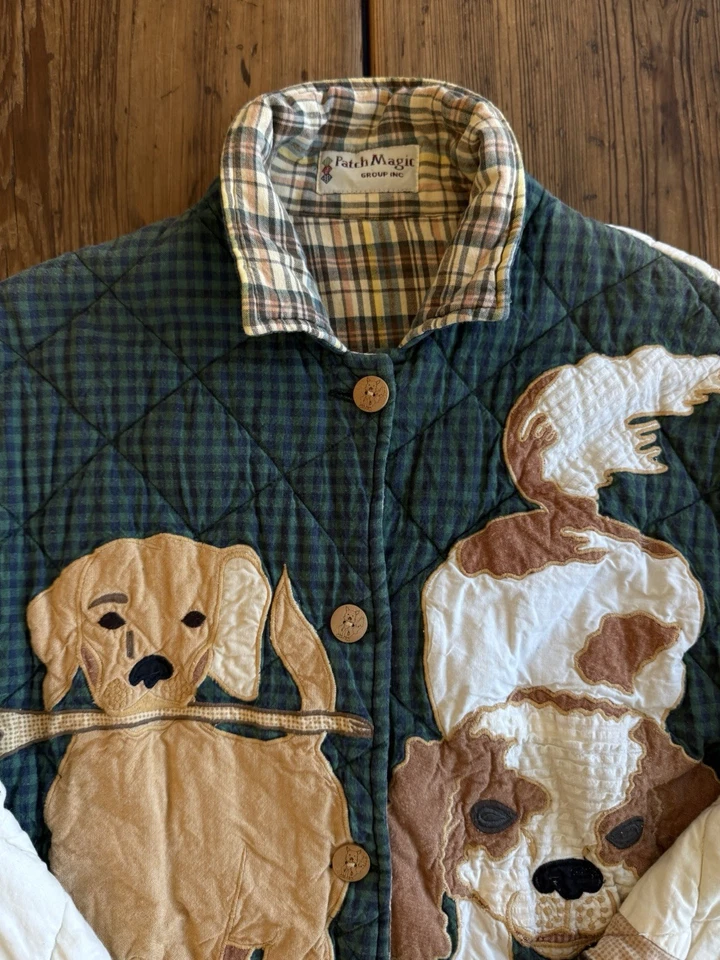 Chaqueta acolchada vintage parche Magic Dog Lab Setter Fetch S reversible retazos S Foto 3 de 4