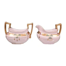 PICKARD Art Deco Hand Painted 24k Clover Diamond Pattern Cream & Sugar Set