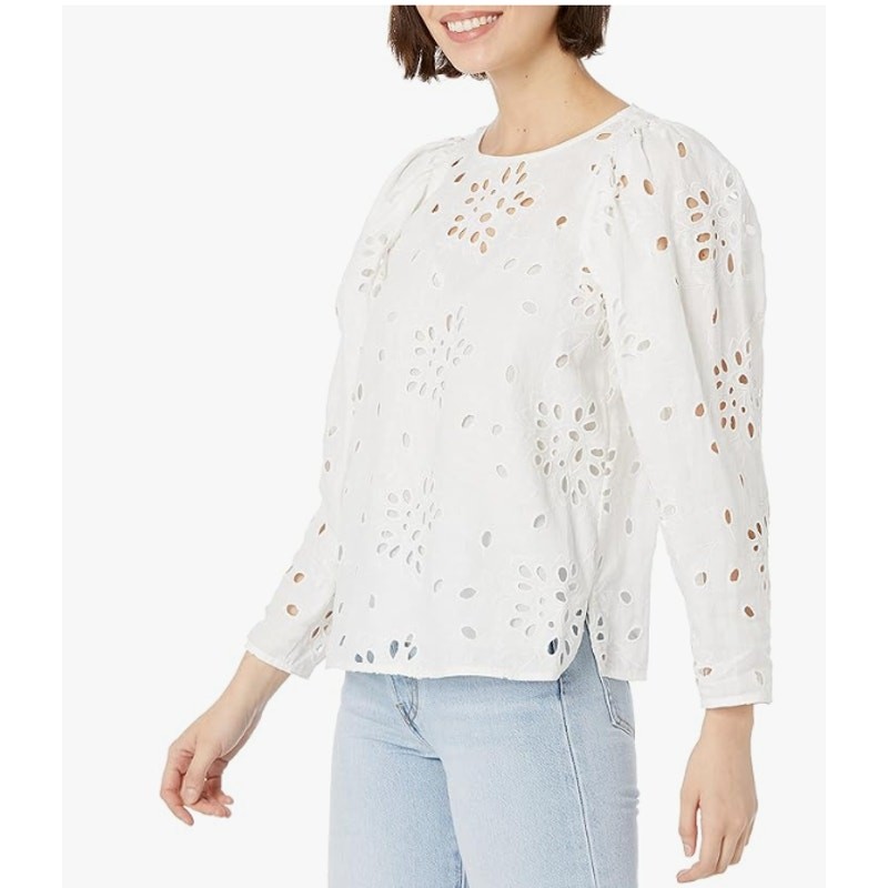 Rebecca Taylor Size M NEW Sarah Embroidered Linen Cotton Eyelet Blouse Gardenia