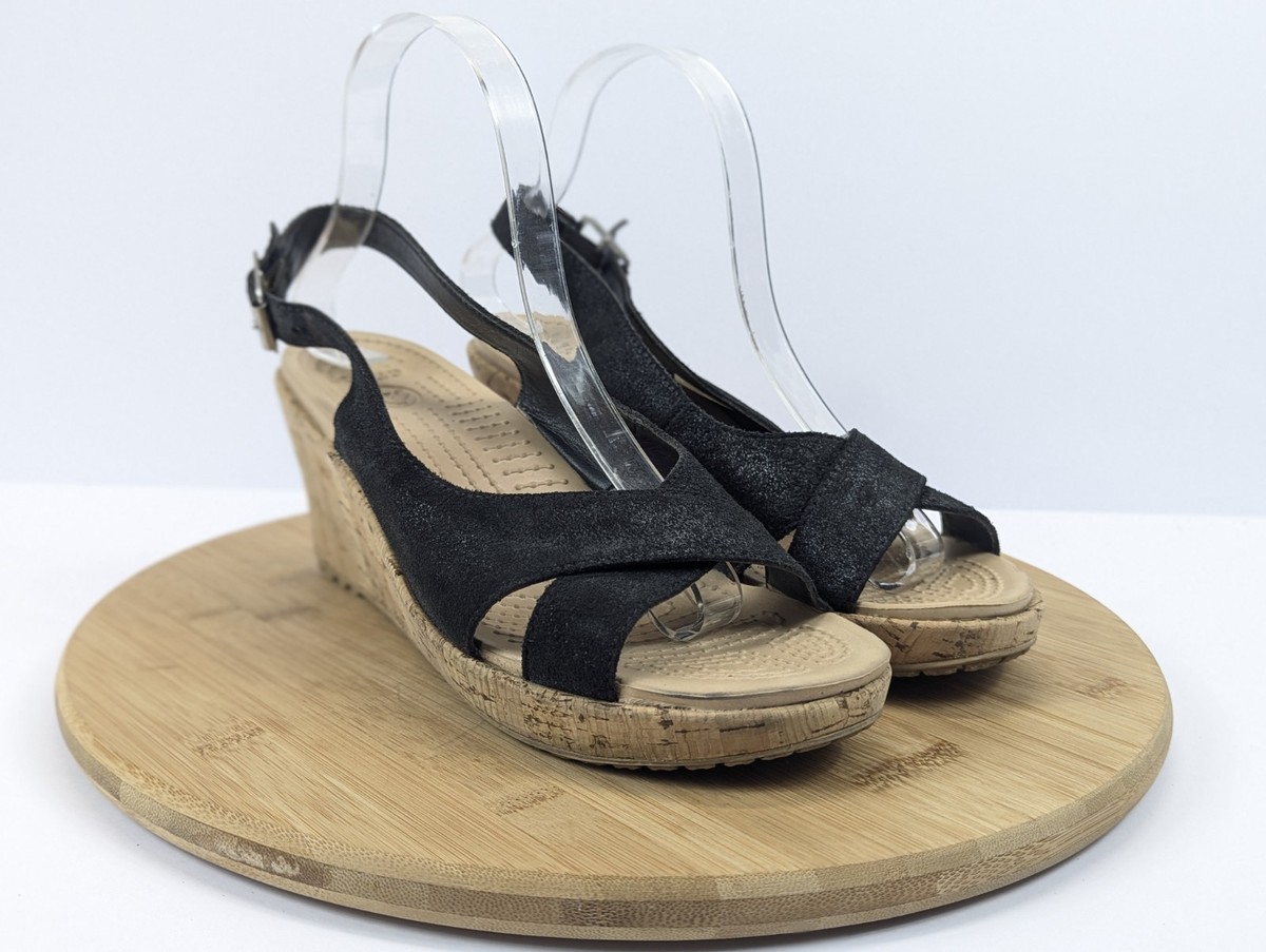 Crocs Wedge Sandals Womens Black Leather Cork Slingback Peep Toe