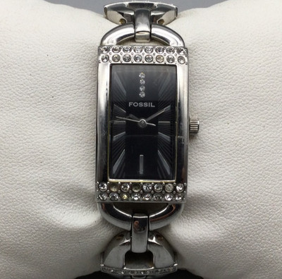 Fossil F2 Watch Women 18mm Silver Tone Black Dial Crystals New Battery 5.75''