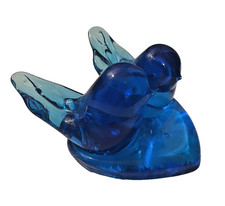 Signed VTG Leo Ward 1991 Double Blue Birds of Happiness Heart Base Glass Decor