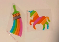 Lot of 2 Vintage Hambly Studios Clear Stickers Rainbow Unicorn & Paint Brush