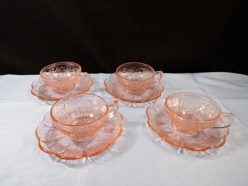 Lot of 4 Jeannette Cherry Blossom Pink Depression Glass Childs Cup & Saucer Sets