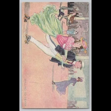 Antique Postcard Willing to Learn Roller Skating Scene