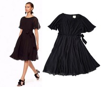 Kate Spade Black Clipped Dot Chiffon Silk Midi Dress Sz 14 Silk Retro Rockabilly