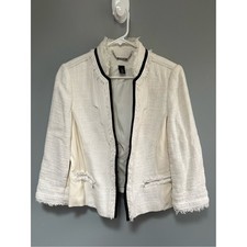 White House Black Market Ivory Tweed Jacket Black Trim Fringed Edges Size 10