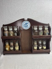 Vintage Wooden Wall Mount Spice Rack With Glass Jars Blue Fruit Motif 12.75x16.5