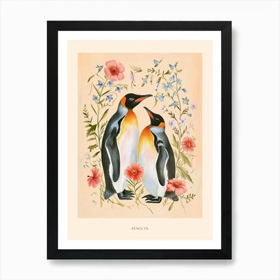 Folksy Floral Tier Zeichnung Pengui gerahmtes Wandbild Poster Leinwanddruck Bild
