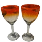 MEXICAN Wine Glasses Hand Blown Orange Rim Set of 2 Halloween 8.5” Ombré