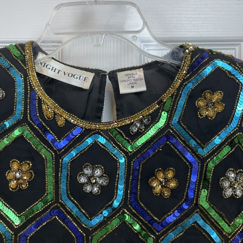 Night Vogue Womens Silk Blouse Size Medium Black Sequined Geometric Short Sleeve - Picture 5 of 14