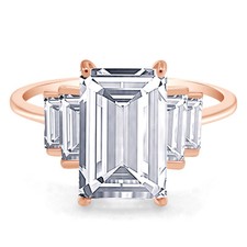 5 Stone Engagement Ring Emerald Cut Cubic Zirconia 14K Rose Gold Plated Silver