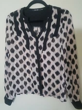 DOE & RAE Career Long Sleeve Black & Beige Tunic Blouse Polka Dot Sz S 