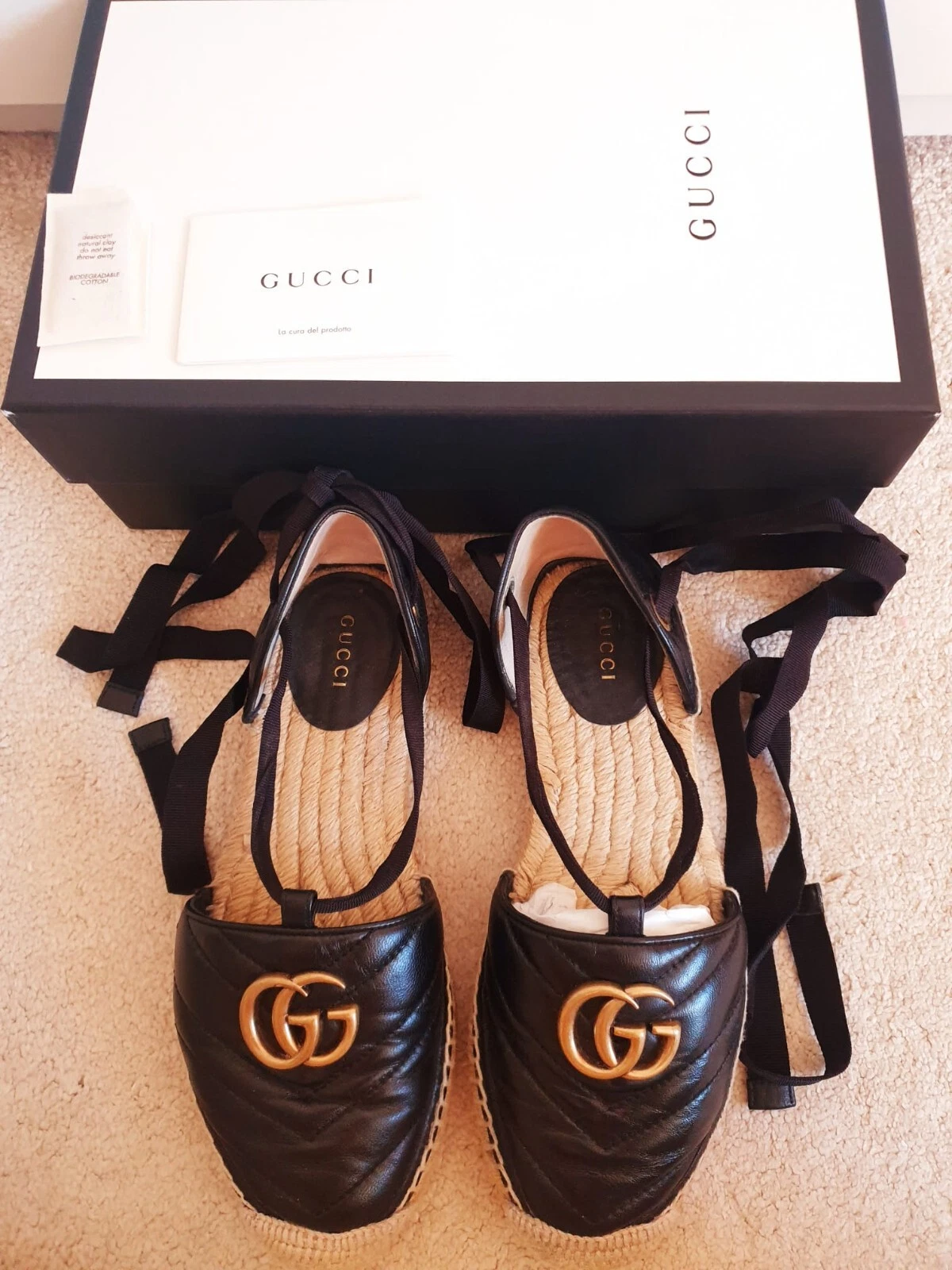 Chaussures espadrilles Gucci Marmont Matelassé noires à enfiler cheville UK 3 EU 36 US 6