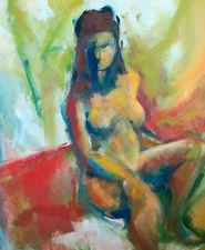 Colorful Contemporary Abstract Expressionist Nude Woman Oil Painting 22X28 