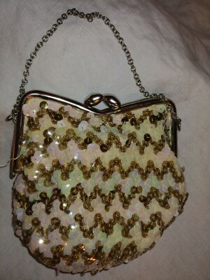 Vintage Midcentury Iridescent Cream Gold Evening Formal Sequin Clutch Purse Bag