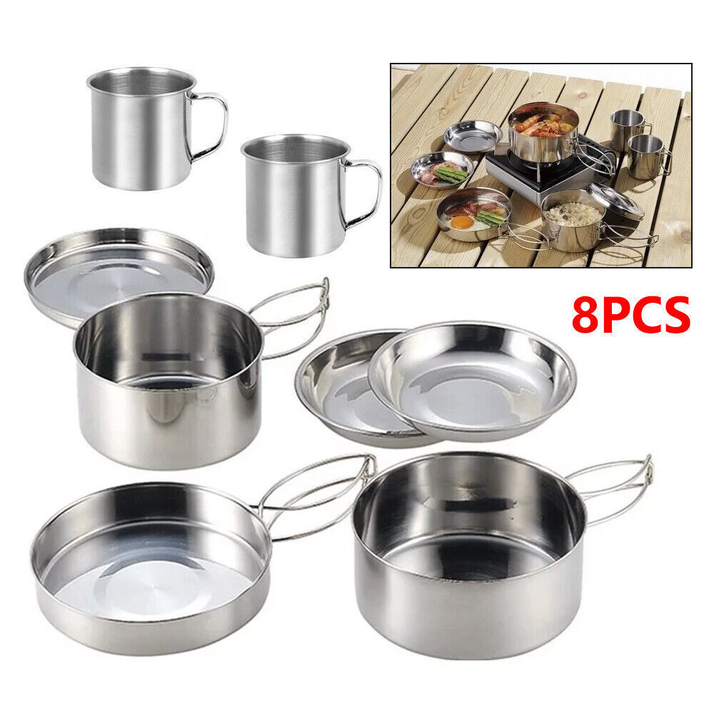 8PCS Camping Cookware Mess Kit Stainless Steel Backpacking Pot Pan Cup Set NEW