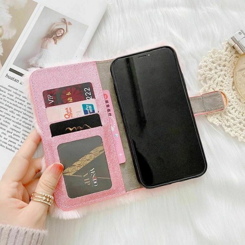 Fluffy Plush Flip Card Wallet Leopard Phone Case For Samsung A51 A71 A12 Note 20 - Picture 3 of 15