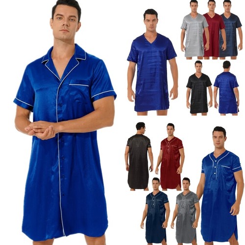 Mens Silky Satin Nightshirt Pullover Nightgowns Short Sleeve Sleepwear Nightwear - Picture 1 of 97