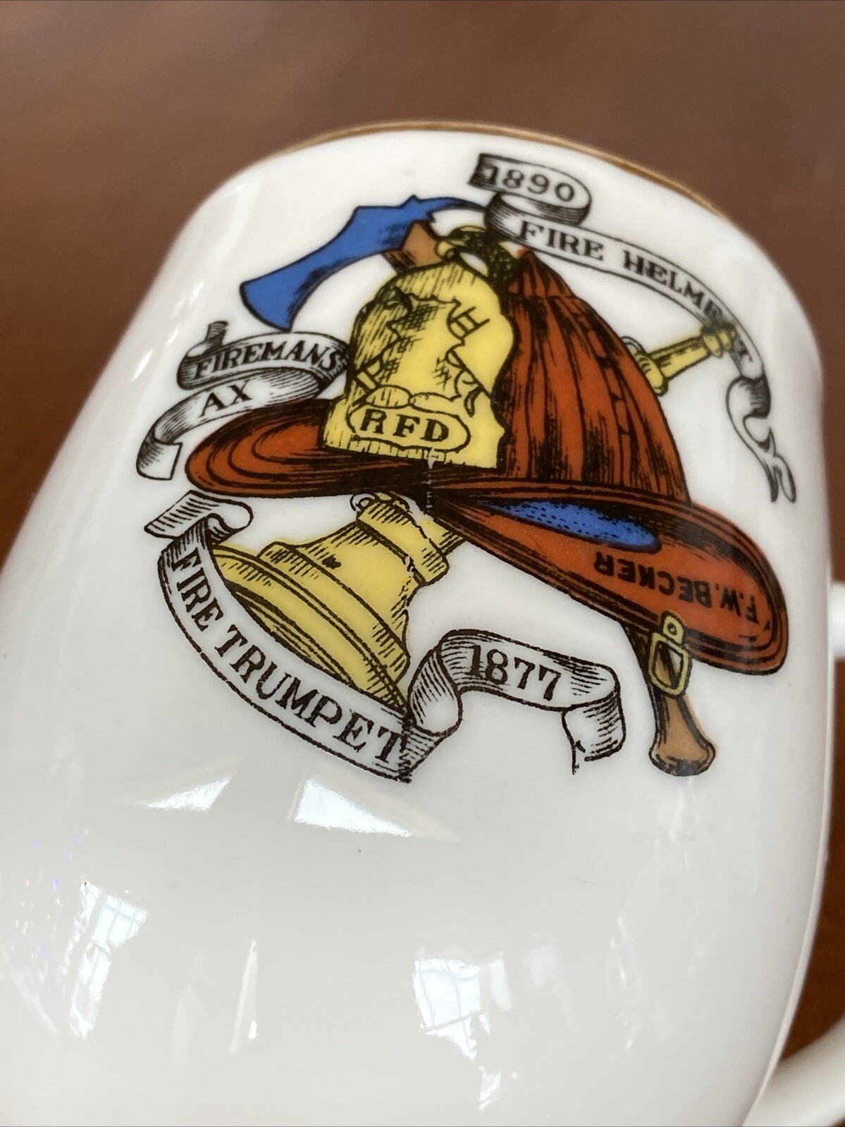 Fire Fighter Coffee Mug 1877 Trumpet RFD 1890 FW Becker Helmet  Firemans Ax 4095
