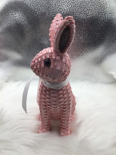 NEW PINK Easter Bunny with Bow Decor Rattan Effect Resin Statue Table Decor 8” - Picture 5 of 5