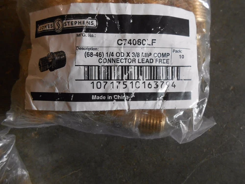 10-Pk Jones Stephens Brass 1/4" OD Compression x 3/8" MIP Connector LF 68-46 - Picture 2 of 2