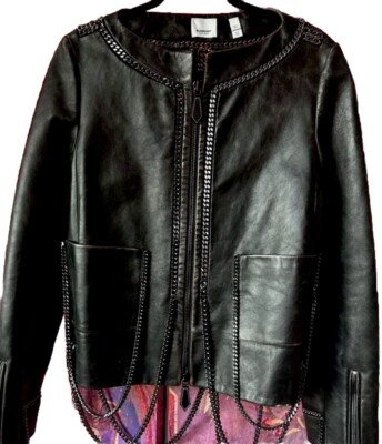 BURBERRY Leather Racer Jacket Black Leather Zip, Chain Link Detail