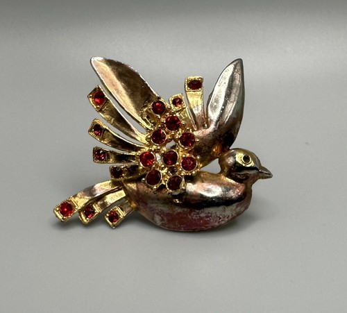 Vintage 1930s Fred Gray Bird Pin Brooch Gold Tone Red Rhinestones - Picture 6 of 17