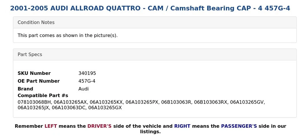 AUDI ALLROAD QUATTRO 2001-2005 - TAPA DE COJINETE DE LEVAS/CÁMARA - 4 457G-4 Foto 3 de 4