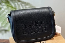 C4058 Coach Black Saddle Bag With Horse & Carriage Crossbody Bag Outlet NWT