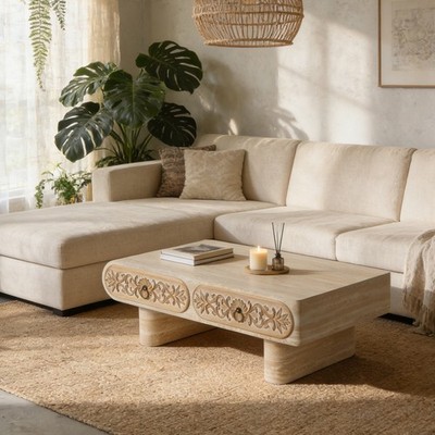 Rounded Edge Rectangular Coffee Table with Flower Pattern Solid Wood Drawer