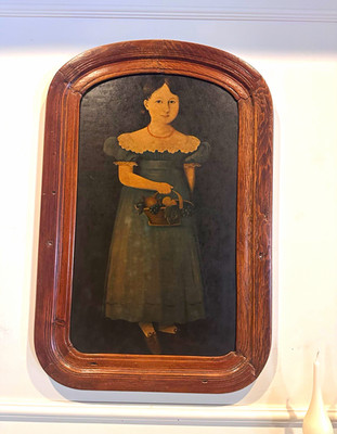 Folk Art Portrait Painting Young Girl Holding Basket Framed in Arched Wood Frame