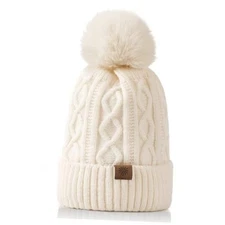 Womens Winter Knitted Beanie Hat with Faux Fur Diamond Pattern, Off-white