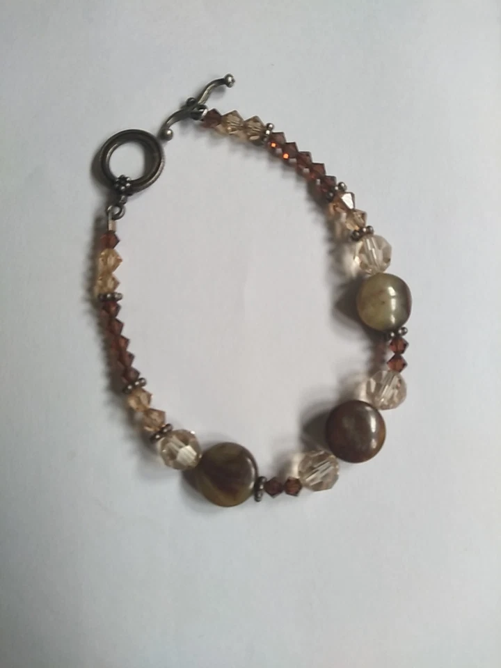 Antiguo brazalete de cuentas de vidrio plateado y marrón de 8" pulgadas con cierre de palanca hecho a mano ¡Nuevo! Foto 3 de 4