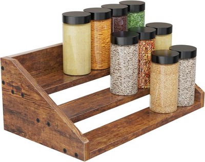 3 Tier Wood Spice Rack Organizer for Cabinet, Super Sturdy Display Riser Shelf