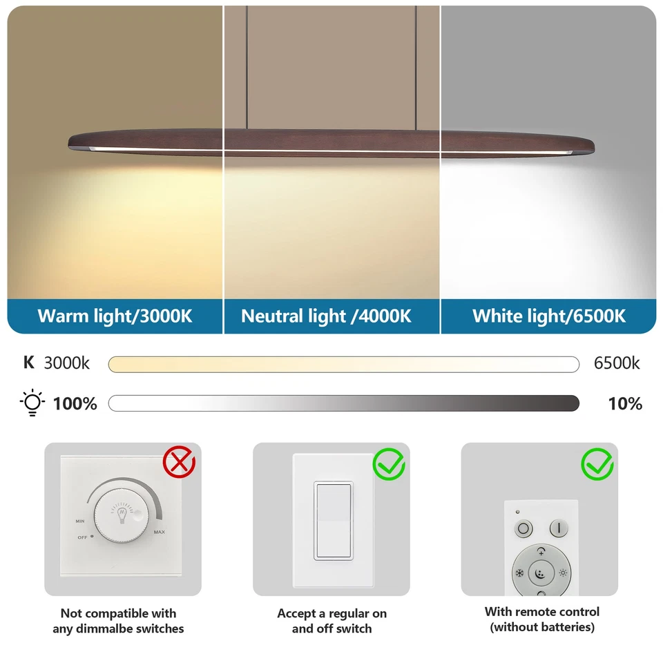 39" Walnut Wood Pendant Light Modern LED Chandelier Dining Hanging Lamp w Remote - Image 3 of 4