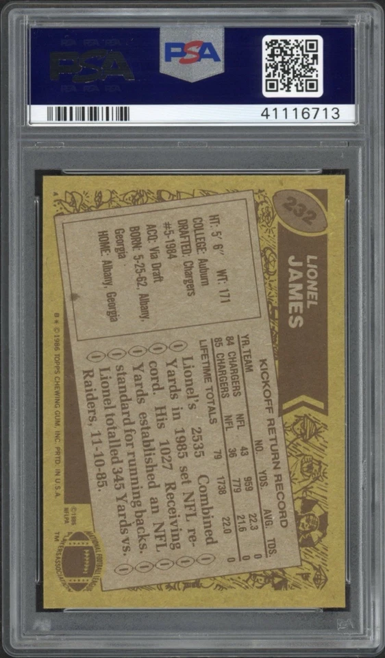 1986 Topps Lionel James #232 PSA 9 Mint San Diego Chargers - Image 2 of 2