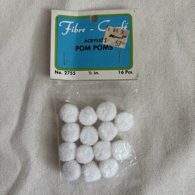 OPENED Vintage Fibre-Craft White Acrylic Pom Poms 1/2 in 14 Pcs