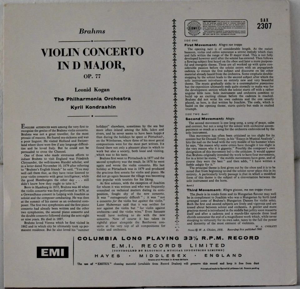 AUDIOPHILE TESTAMENT EMI SAX 2307 UK BRAHMS "Violin Cto" Leonid KOGAN NEW - Image 2 of 3
