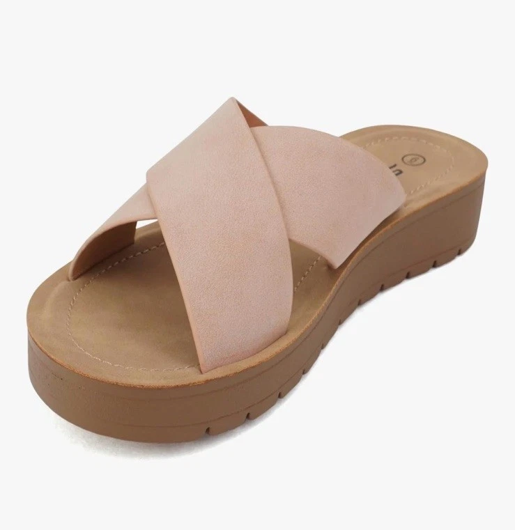 Sandalia Soda Lucky Punta Abierta Forma Plana Banda Entrecruzada Deslizable EE. UU. 7.5 Rubor Foto 3 de 4